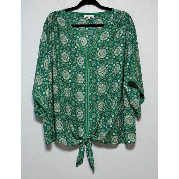 Max Studio Kelly Green Boho Paisley Tie-Front‎ Blouse Size 3X Retro Soft Girl - Picture 1 of 5